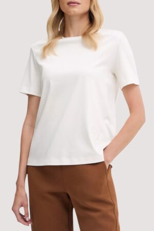 Krēmbalts T-krekls ar zieda un logo izšuvumiem