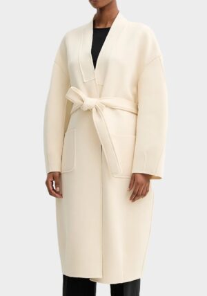 Gaiši bēšs kokvilnas O silueta mētelis ar jostu