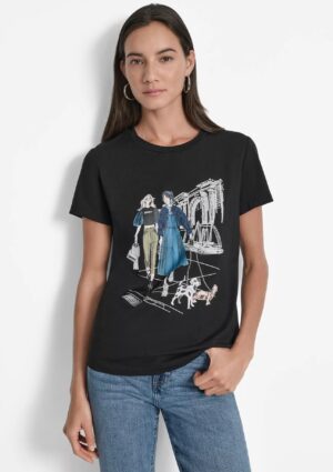 Melns T-krekls ar attēlu un mirdzošu apdari