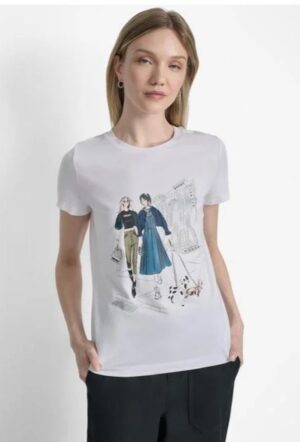 Balts T-krekls ar attēlu un mirdzošu apdari