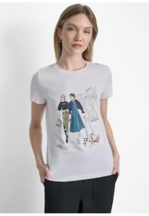 Balts T-krekls ar attēlu un mirdzošu apdari
