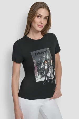 Melns T-krekls ar attēlu un mirdzošu logotipu