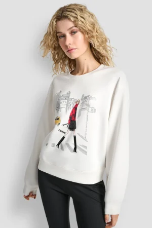 Krēmbalts džemperis ar attēlu un mirdzošu apdari