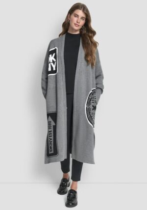 Pelēka jaka ar lielformāta emblēmu akcentiem