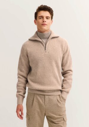 Bēšs rievota adījuma džemperis ar rāvējslēdzēju