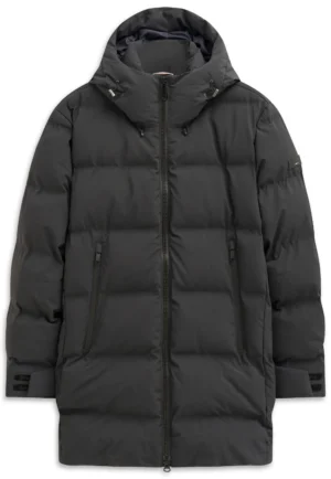 Tumši pelēka ziemas virsjaka ar savelkamu kapuci