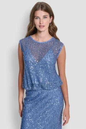 Mirdzošu fliteru tops bez piedurknēm