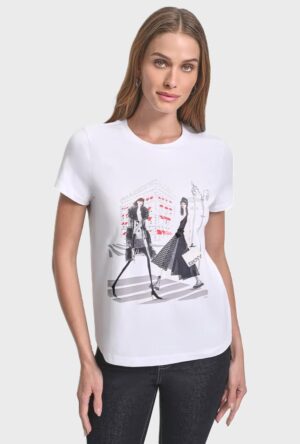 T-krekls ar modes dizaina attēlu un mirdzošu apdari