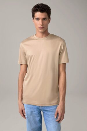 Kokvilnas T-krekls ar elastīgu apkakli, bēšs