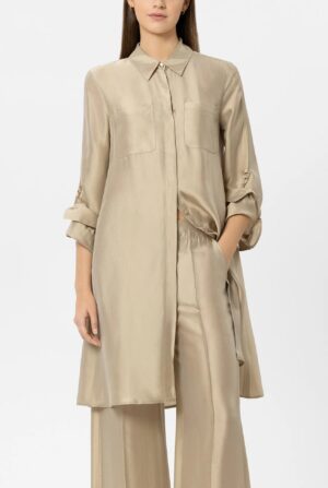 Bēša zīda un viskozes kreklkleita ar slēptu aizdari