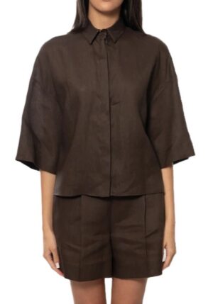 Tumši brūna plata piegriezuma linu kreklblūze