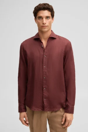 Bordo linu krekls ar noapaļotu apakšmalu