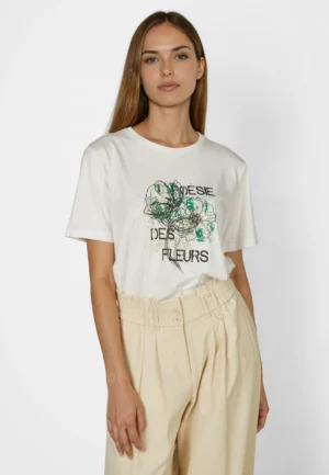 T-krekls ar dizaina attēlu un mirdzošu uzrakstu